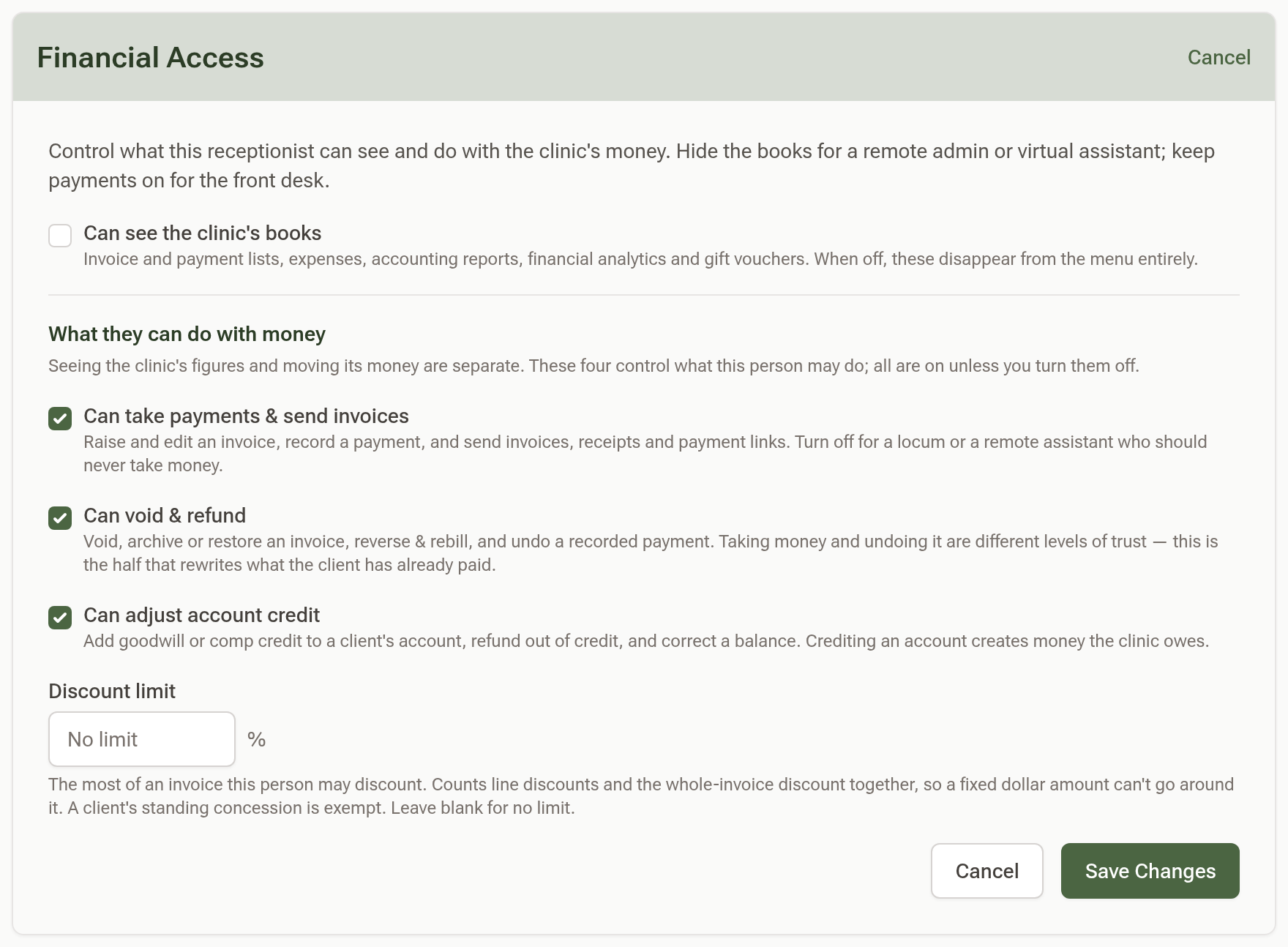 The Financial Access card in edit mode for a receptionist, with Can see the clinic's books off and the four money settings beneath it