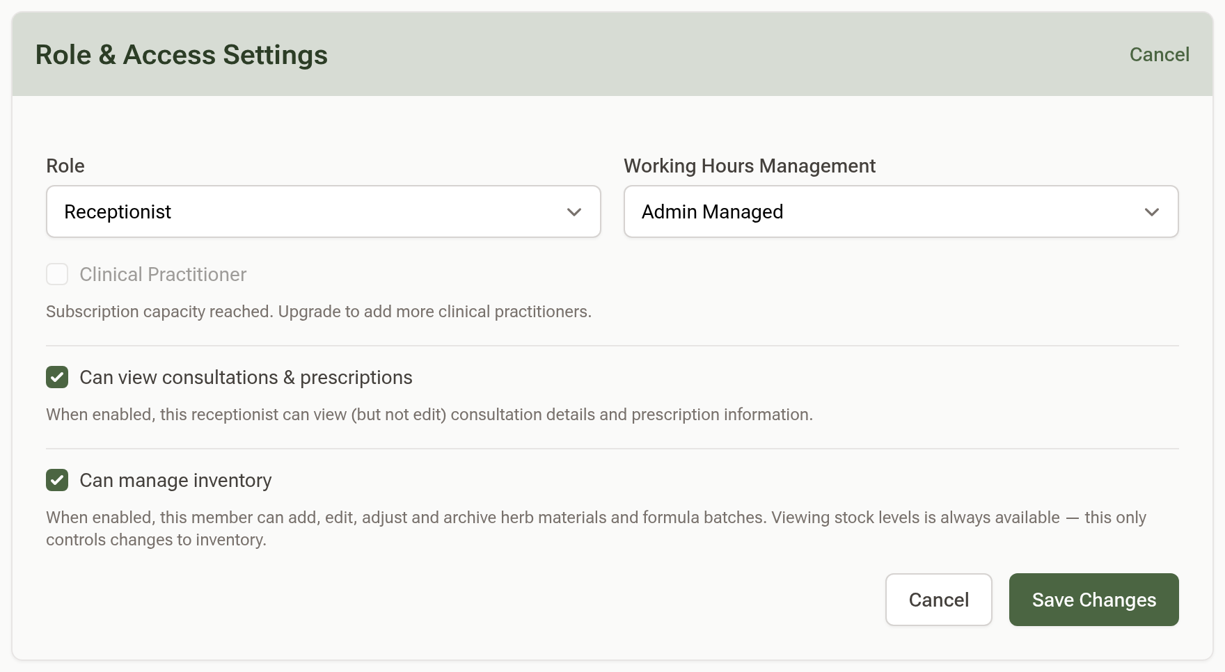 The Role & Access Settings card in edit mode for a receptionist, showing the Role select, the Clinical Practitioner checkbox and the Can view consultations & prescriptions and Can manage inventory toggles
