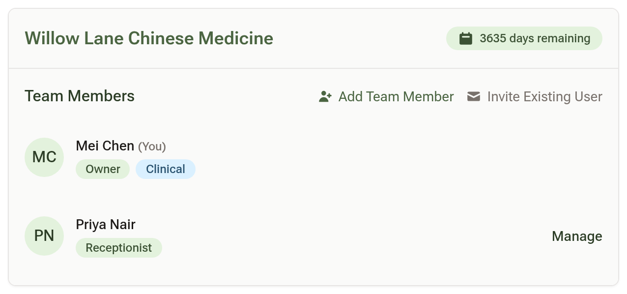 The clinic's card on the Team Management page listing the owner and a receptionist, with the Add Team Member and Invite Existing User links