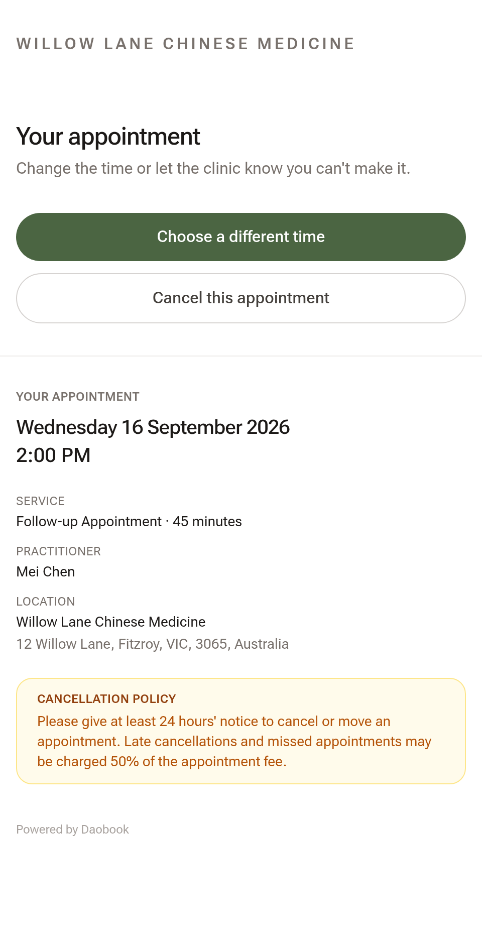 The manage-your-appointment page a client sees, showing the date, time, service, practitioner and location, with a Choose a different time button and a Cancel this appointment link