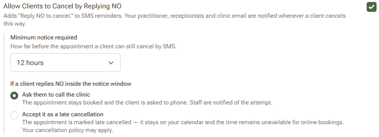 The Allow Clients to Cancel by Replying NO row expanded to show a Minimum notice required dropdown and two radio options for what happens inside the notice window