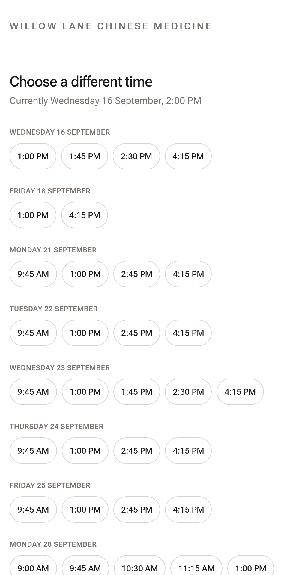The Choose a different time page, showing the client's current appointment time and the coming days' available times as buttons