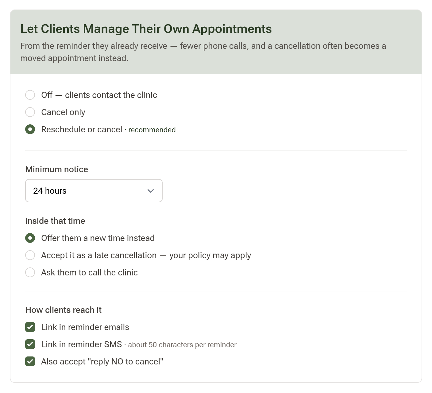 The Let Clients Manage Their Own Appointments section showing three level options, a minimum notice dropdown, the options for what happens inside that time, and three checkboxes for how clients reach it