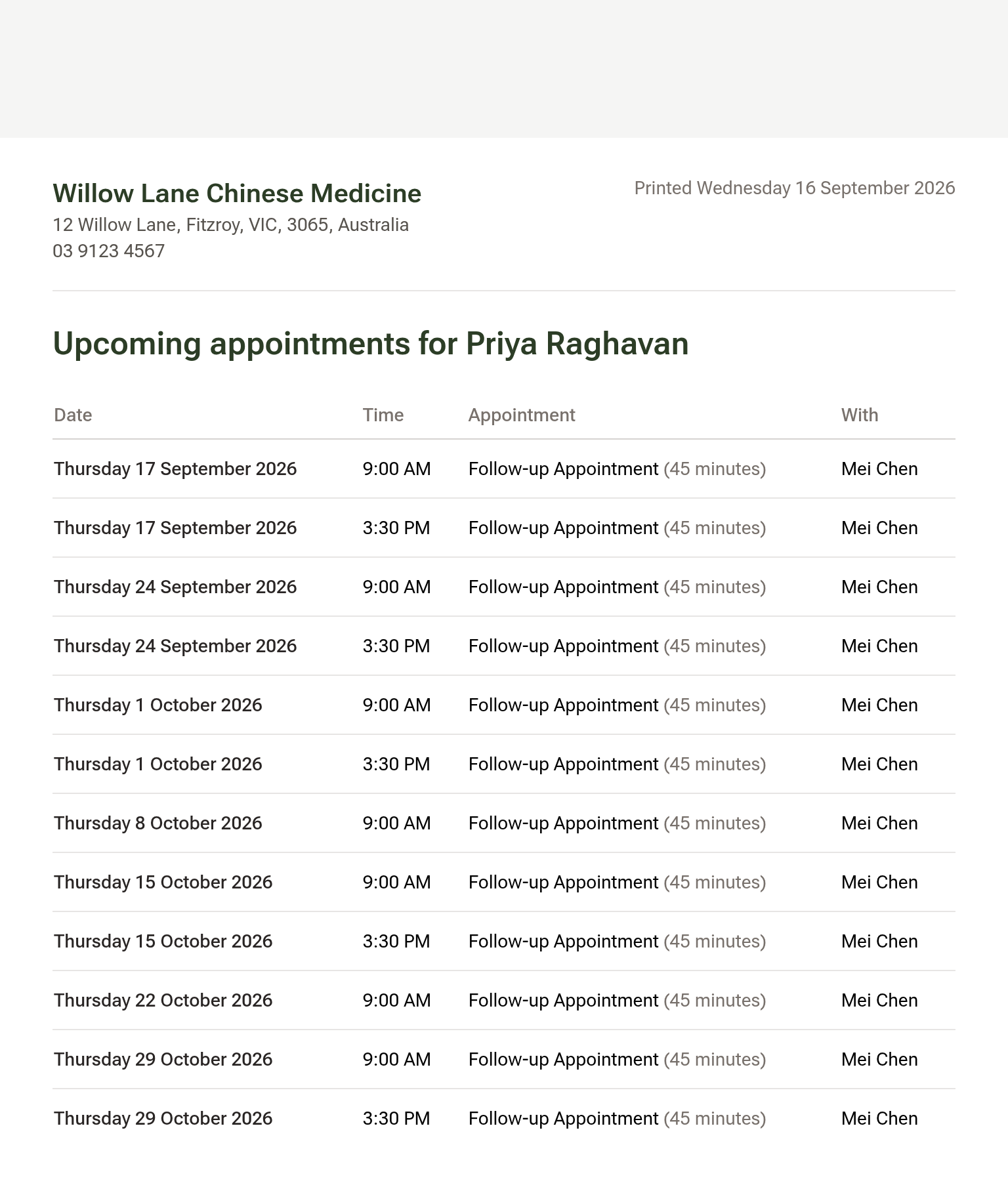 The printable page: clinic name and contact details, the client's name, and a table of upcoming appointments with Date, Time, Appointment and With columns