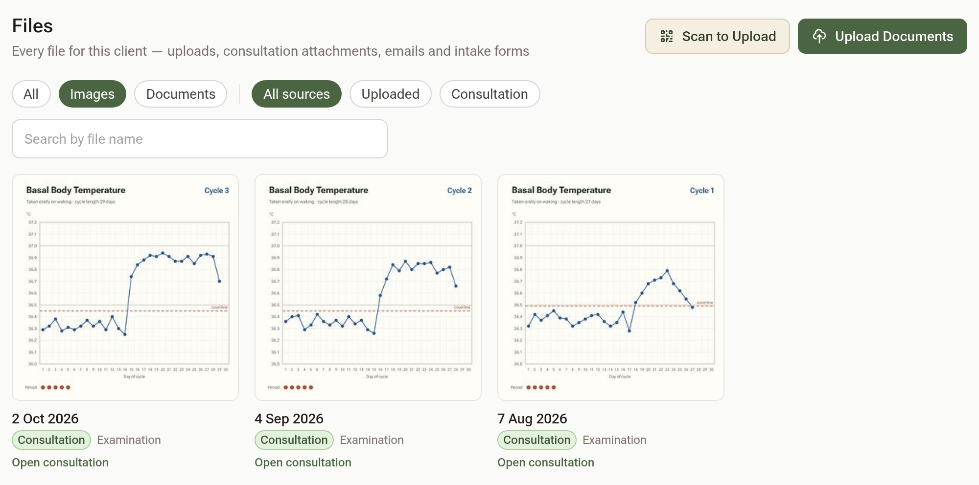 The Images view of a client's Files: three BBT charts side by side, each captioned with its visit date, the Consultation chip, the Examination field and an Open consultation link