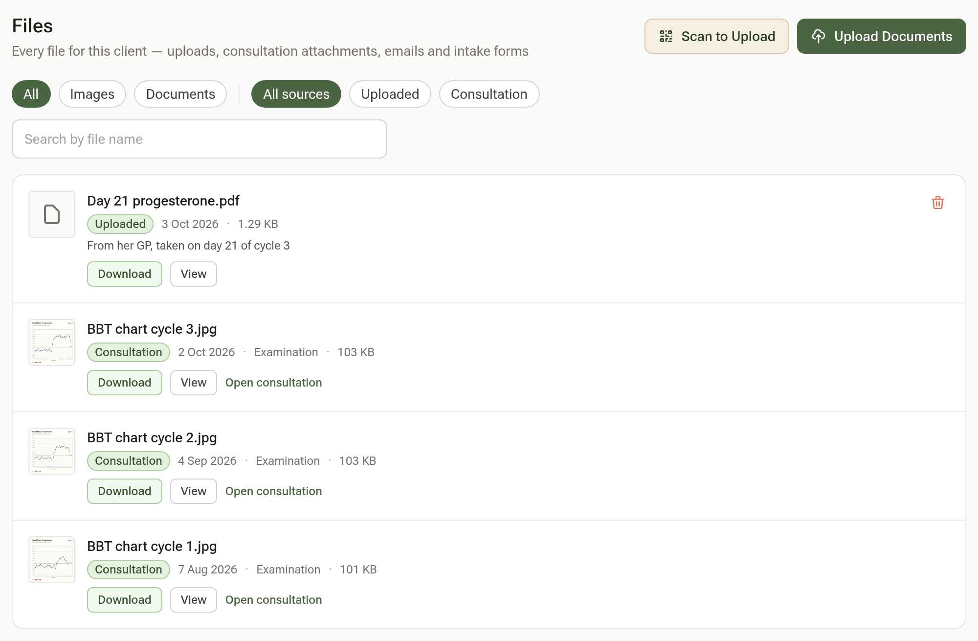 A client's Files list with the Scan to Upload and Upload Documents buttons, an uploaded progesterone result marked Uploaded, and three BBT charts marked Consultation, each naming its visit date and the Examination field