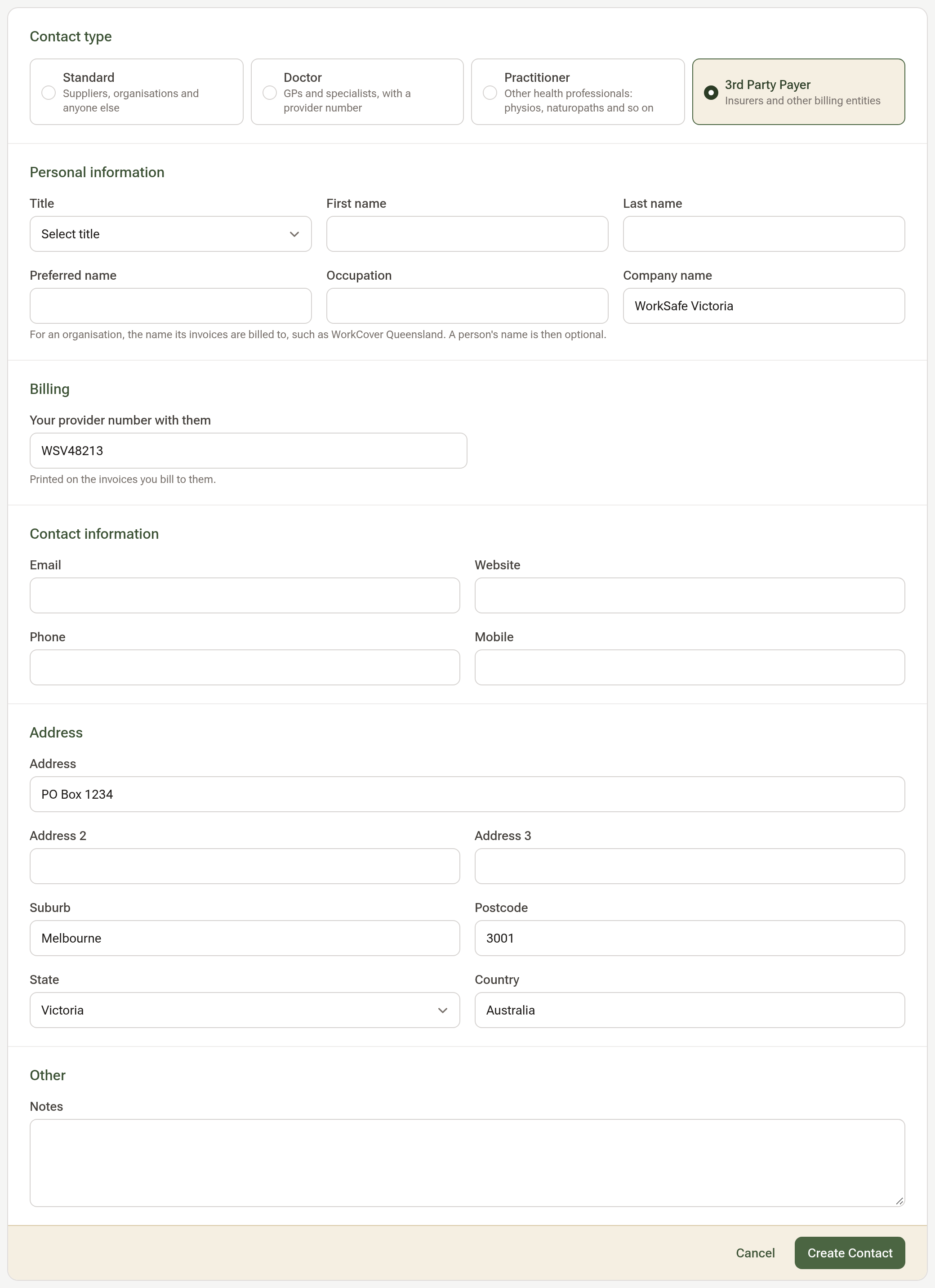 The contact form for WorkSafe Victoria: 3rd Party Payer chosen, the company name filled in, the Billing part with Your provider number with them, and the postal address