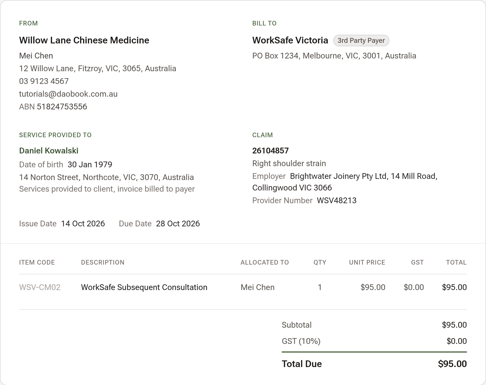 An invoice billed to WorkSafe Victoria: the patient's date of birth and address under Service Provided To, the Claim block with the claim number, the case, the employer and the provider number, and the WorkSafe Subsequent Consultation line with its item code