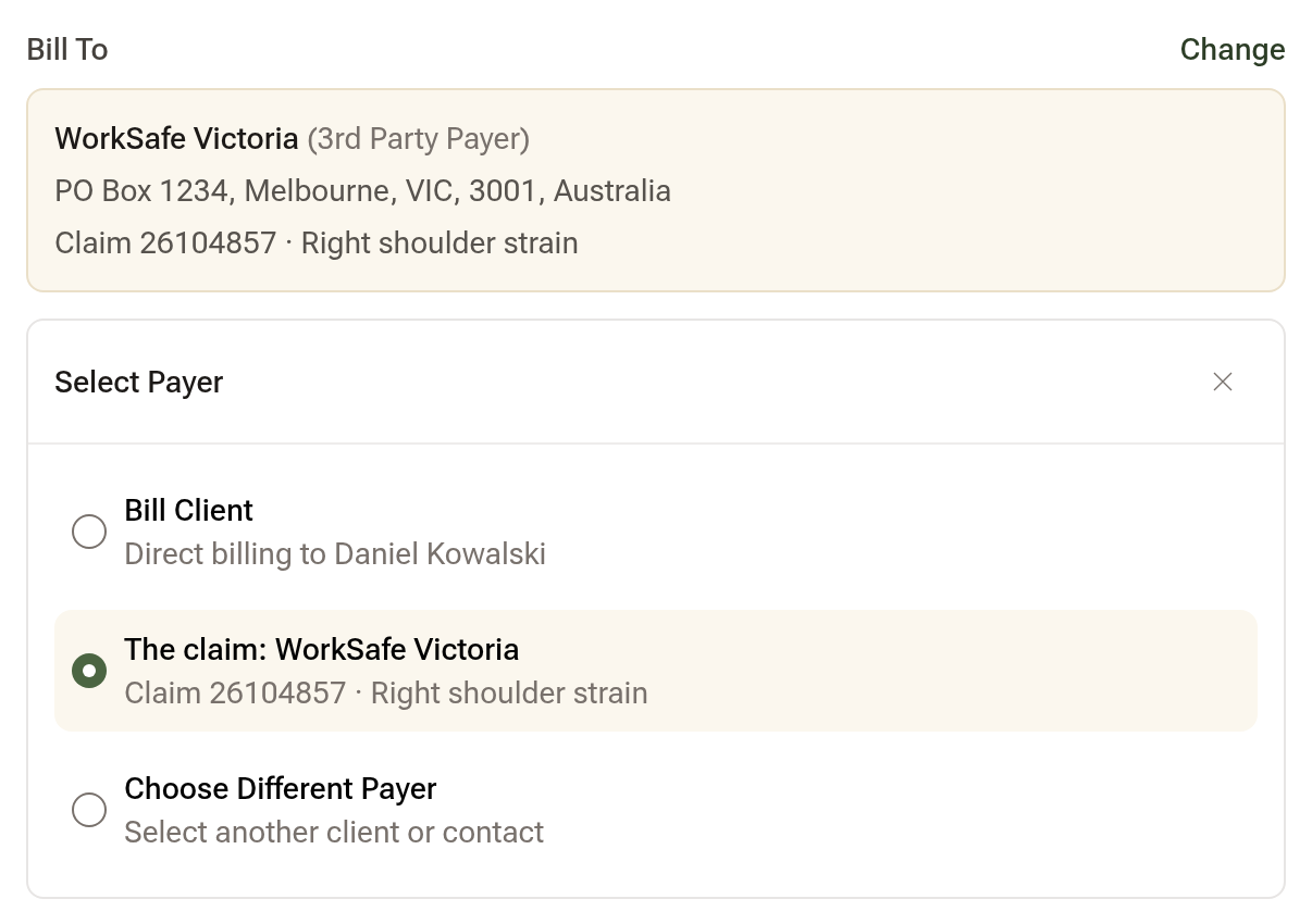 The Select Payer window of a new invoice for the visit: Bill Client, and The claim: WorkSafe Victoria chosen, with the claim number and the case beneath it, above Choose Different Payer