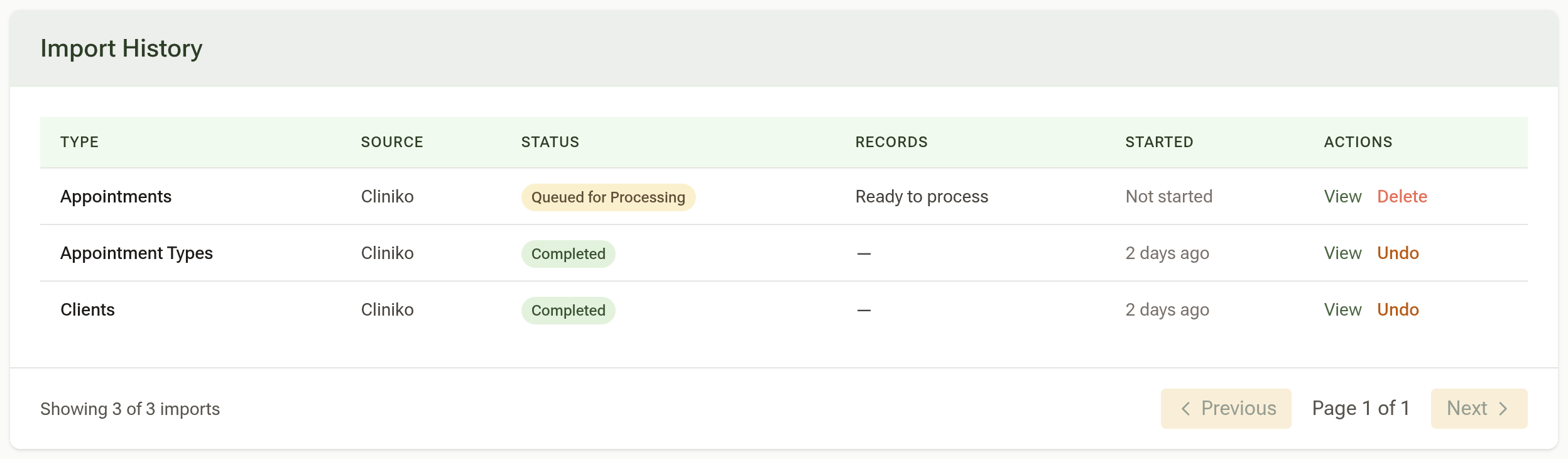 Import History showing a completed Clients import, a completed Appointment Types import and an Appointments import queued for processing