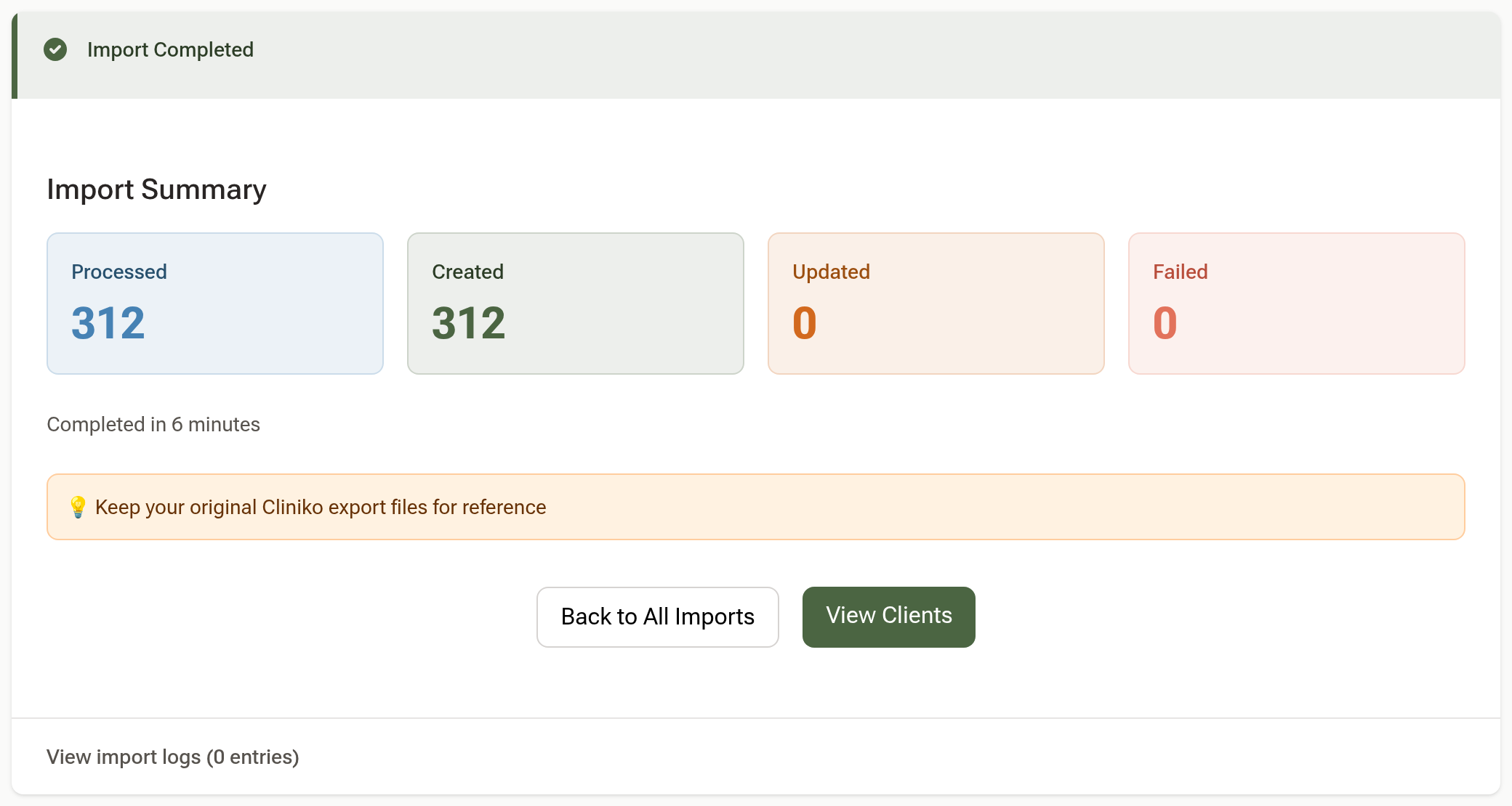 A completed import's summary with Processed, Created, Updated and Failed counts, completed in 6 minutes