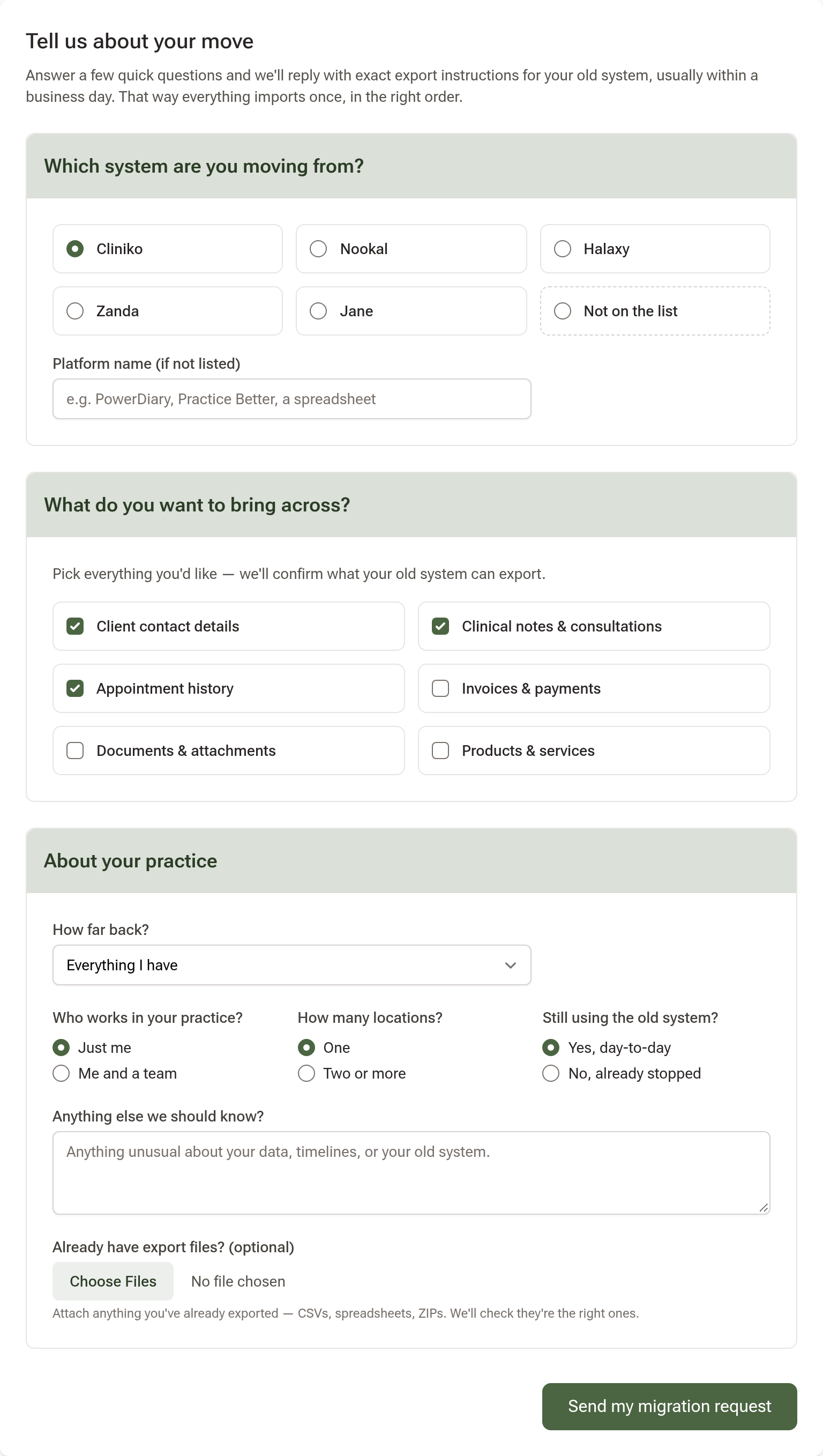 The Import your data questionnaire with Cliniko chosen, three data types ticked and the Send my migration request button
