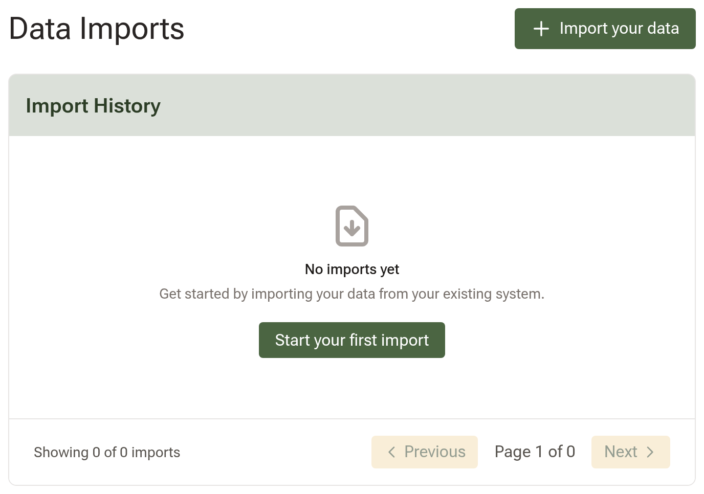 The Data Imports page before any import, with the Import your data button and an empty Import History