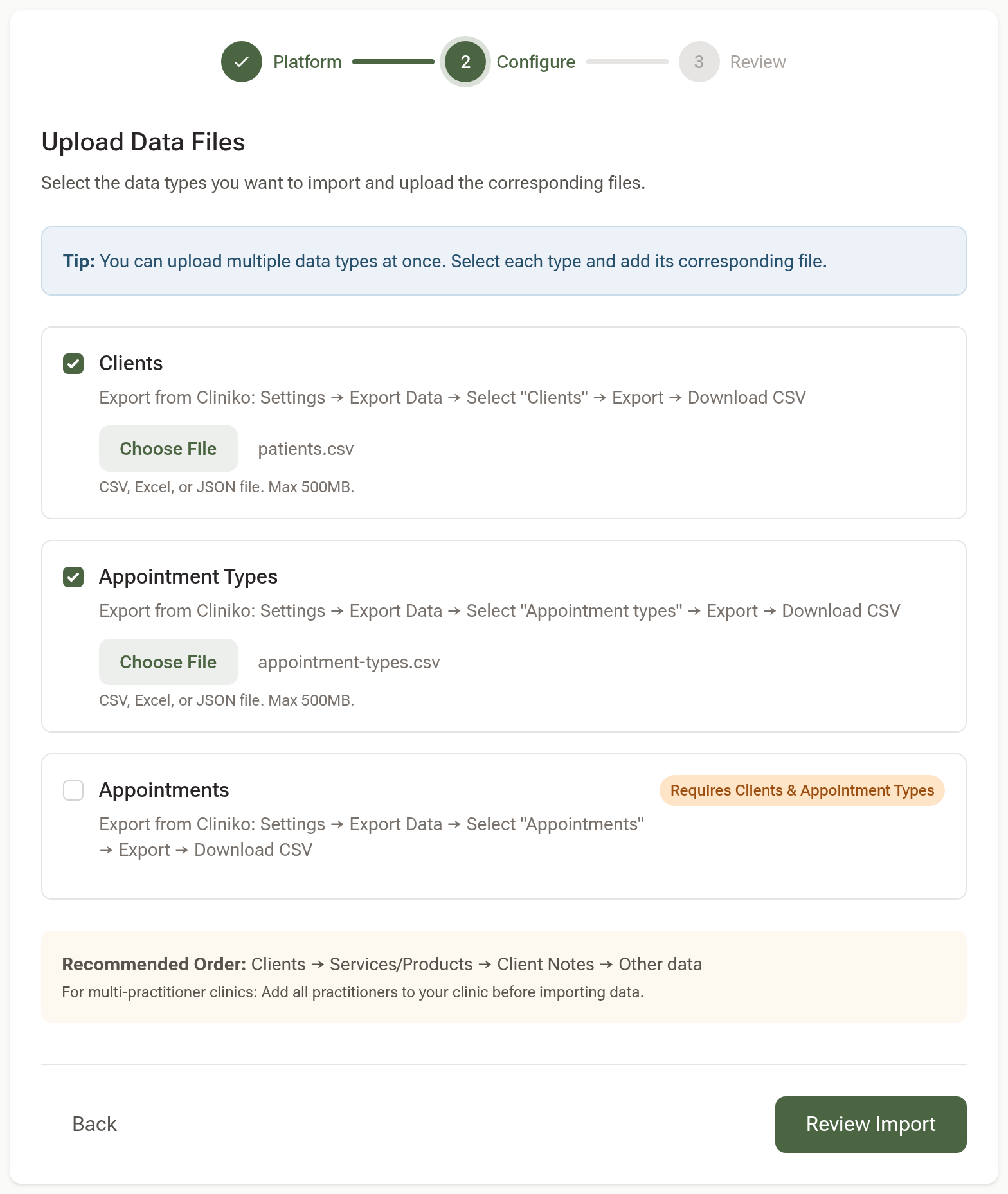 The Upload Data Files step with Clients and Appointment Types ticked and files chosen, and the Appointments row showing its Requires Clients & Appointment Types badge