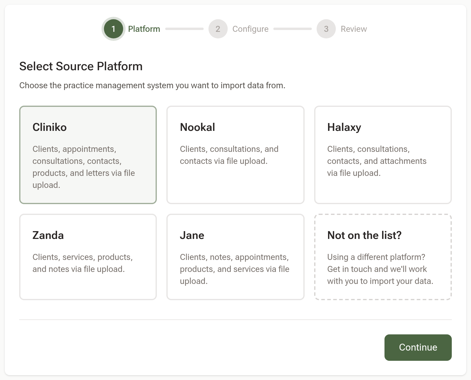 The New Data Import wizard's Select Source Platform step with Cliniko selected