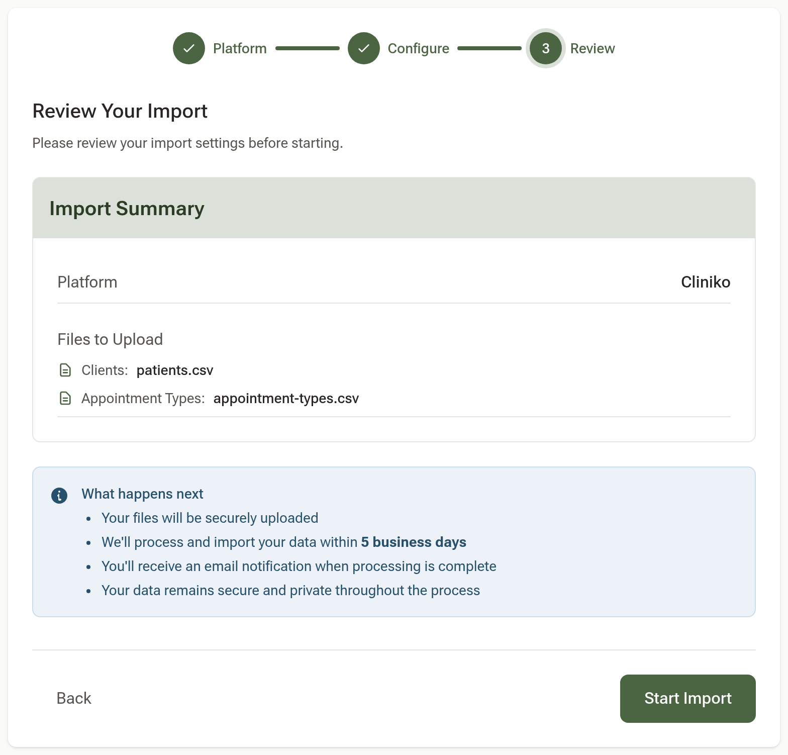 The Review Your Import step listing the platform and the files to upload, with the Start Import button