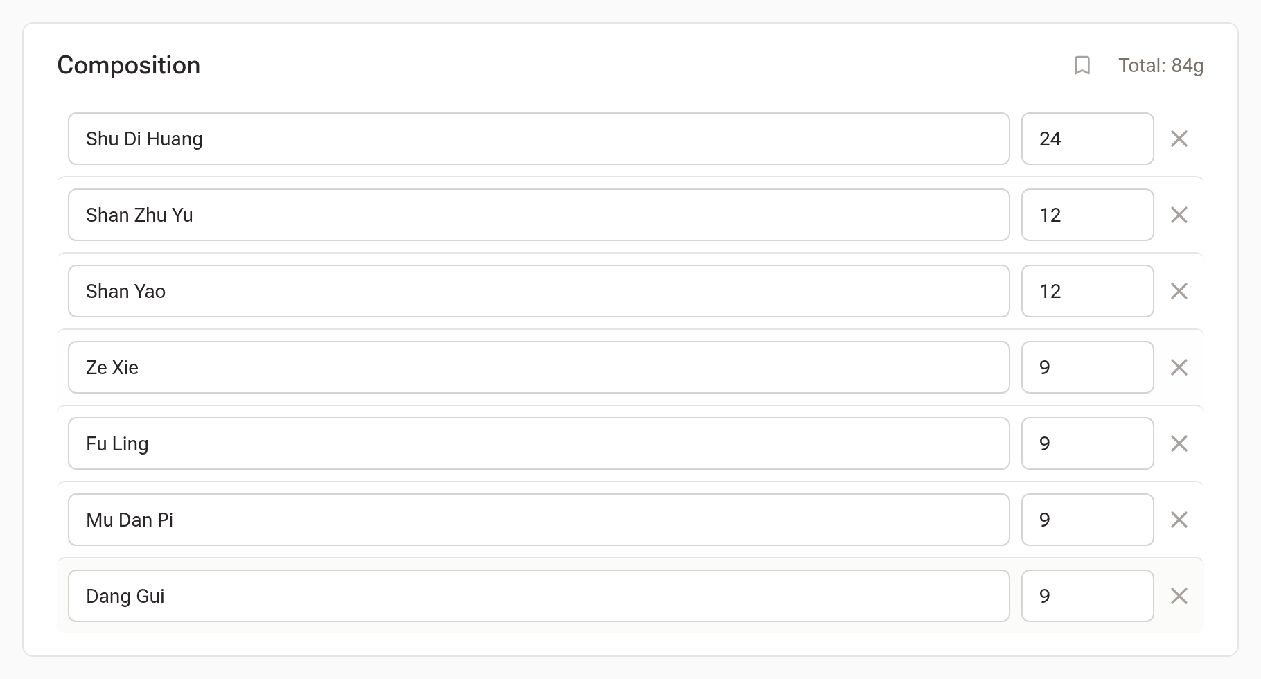 The Composition list showing the formula’s herbs with their doses, and a running total