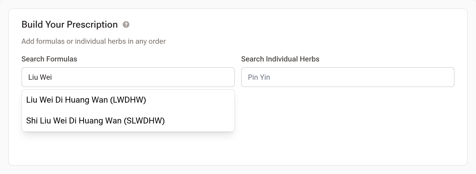 Typing Liu Wei into Search Formulas, with matching formulas listed below the field