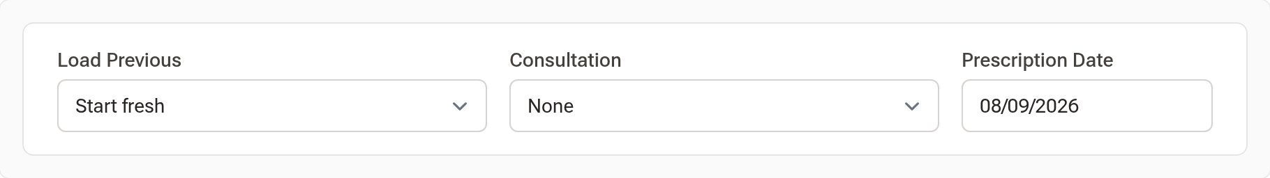 The bar above the builder: Load Previous set to Start fresh, Consultation, and Prescription Date