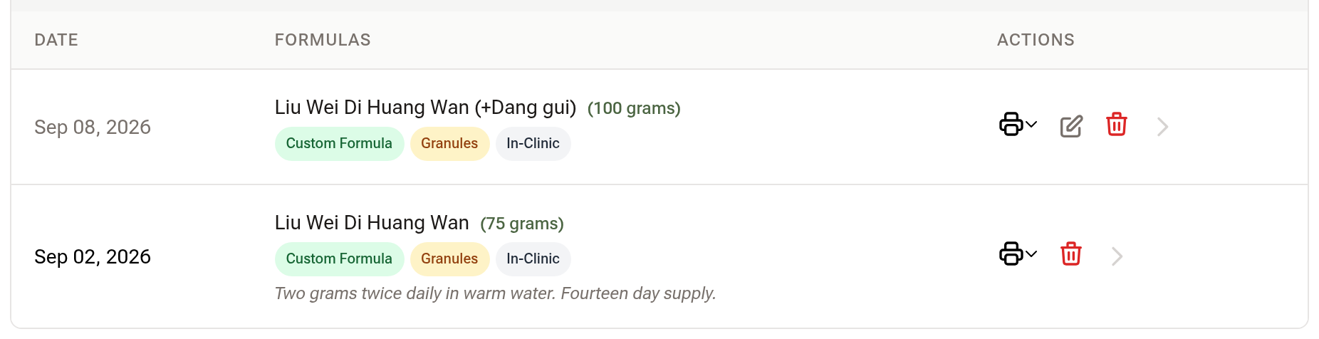 The client’s prescription list with the saved script at the top and a Print button on each row
