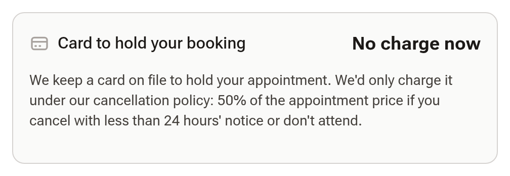 The booking page's card hold panel: Card to hold your booking, No charge now, the clinic's message and the two fees the card may be charged