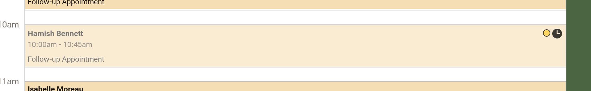 A faded late-cancelled block on the calendar with an amber dot beside its status icon, meaning the fee is waiting to be charged or waived