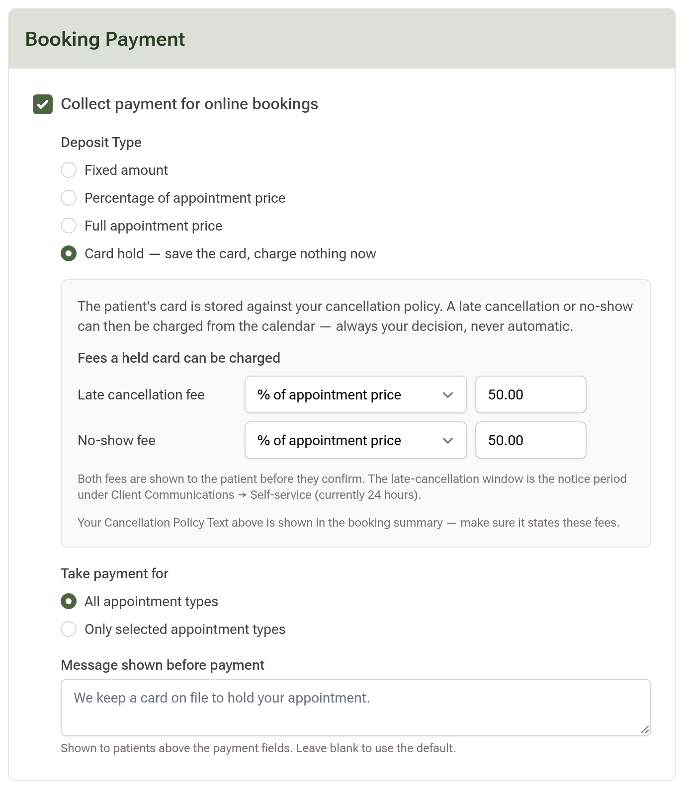 The Booking Payment card with Card hold selected and the late cancellation and no-show fees set