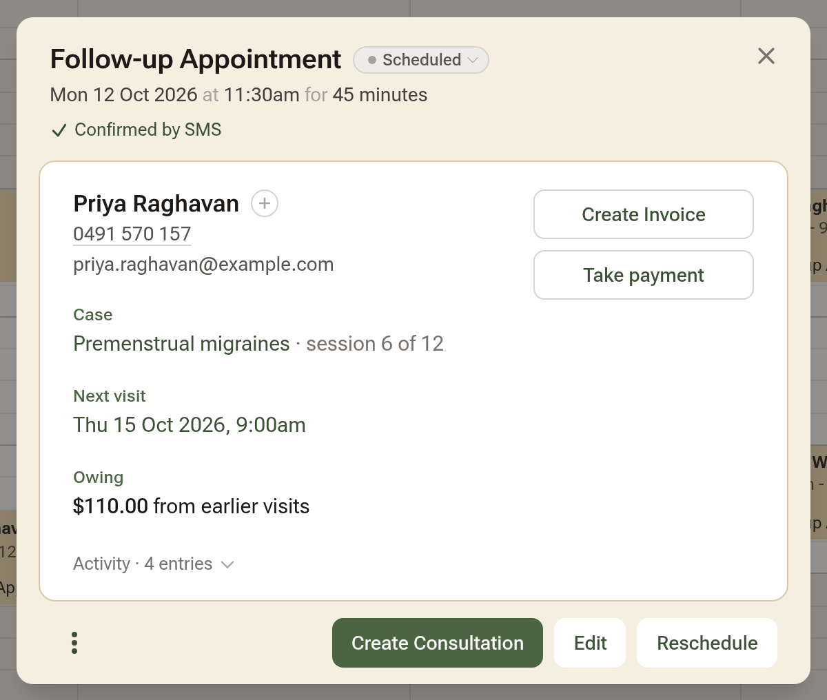 A booking's details window with a Case row reading Premenstrual migraines · session 6 of 12 above the next visit