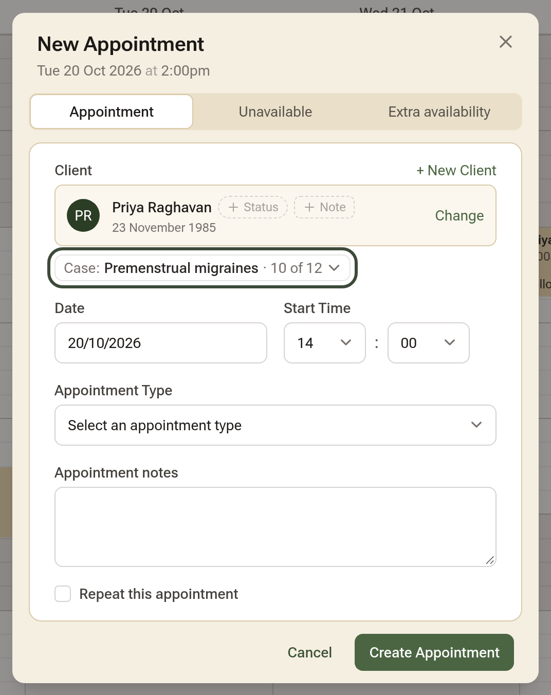 The booking window for a patient's next visit, the Case pill already reading Premenstrual migraines · 10 of 12