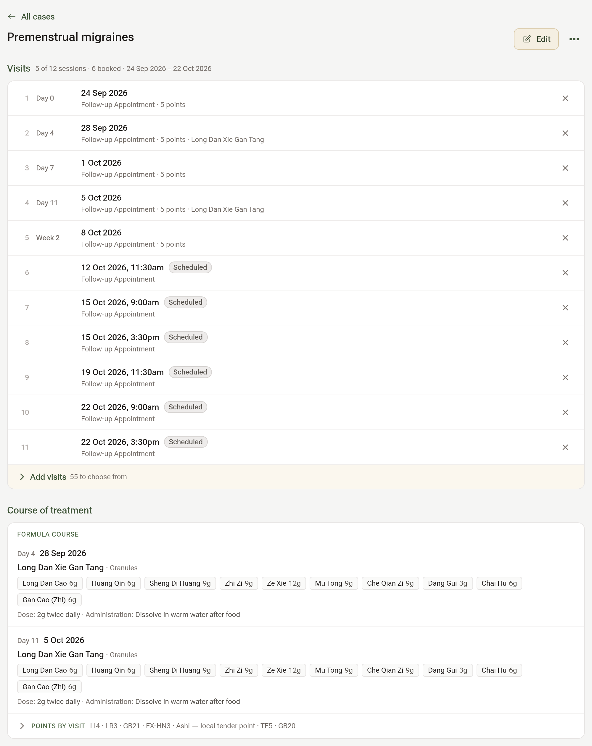 The case page: the Visits panel numbering the visits so far and the bookings ahead, Add visits folded at its foot, and the Course of treatment below
