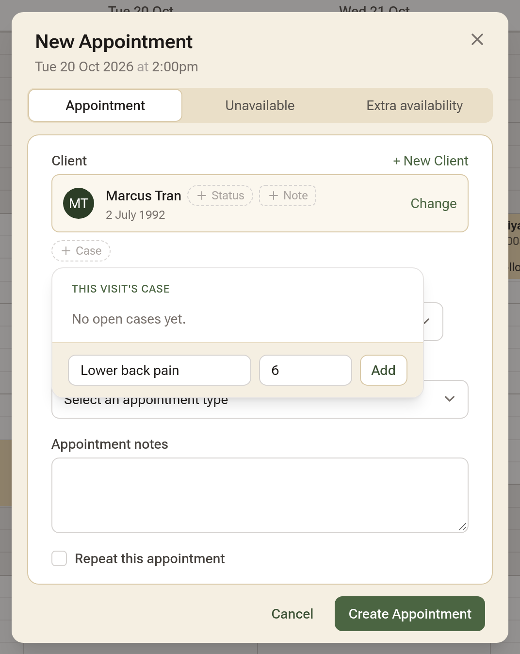 The booking window with a patient chosen and the Case pill's menu open: no open cases yet, a new case named Lower back pain with 6 sessions typed in, ready to Add