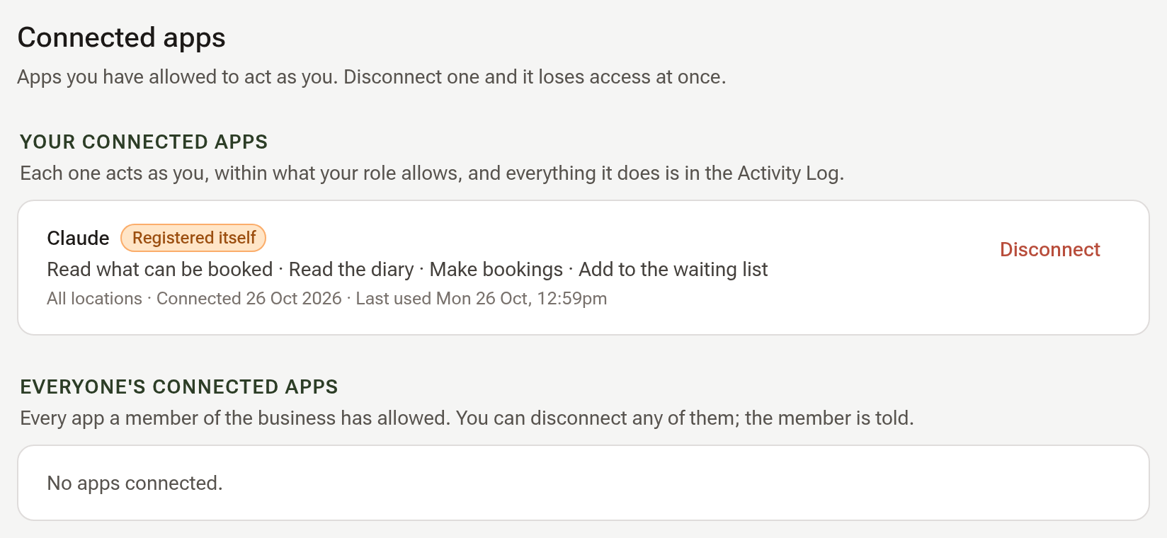 The Connected apps section listing one app with what it may do, where, when it was connected and last used, and its Disconnect button