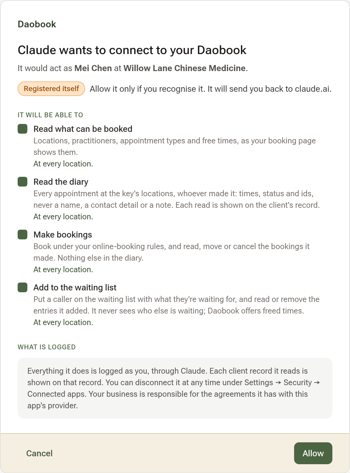 The consent screen: the app wants to connect, the Registered itself pill, what it will be able to do at which locations, and the Allow button