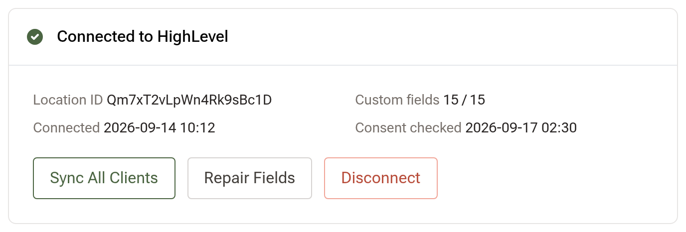 The Connected to HighLevel card showing the Location ID, connection time, 16 of 16 custom fields mapped and the Sync All, Repair Fields and Disconnect buttons