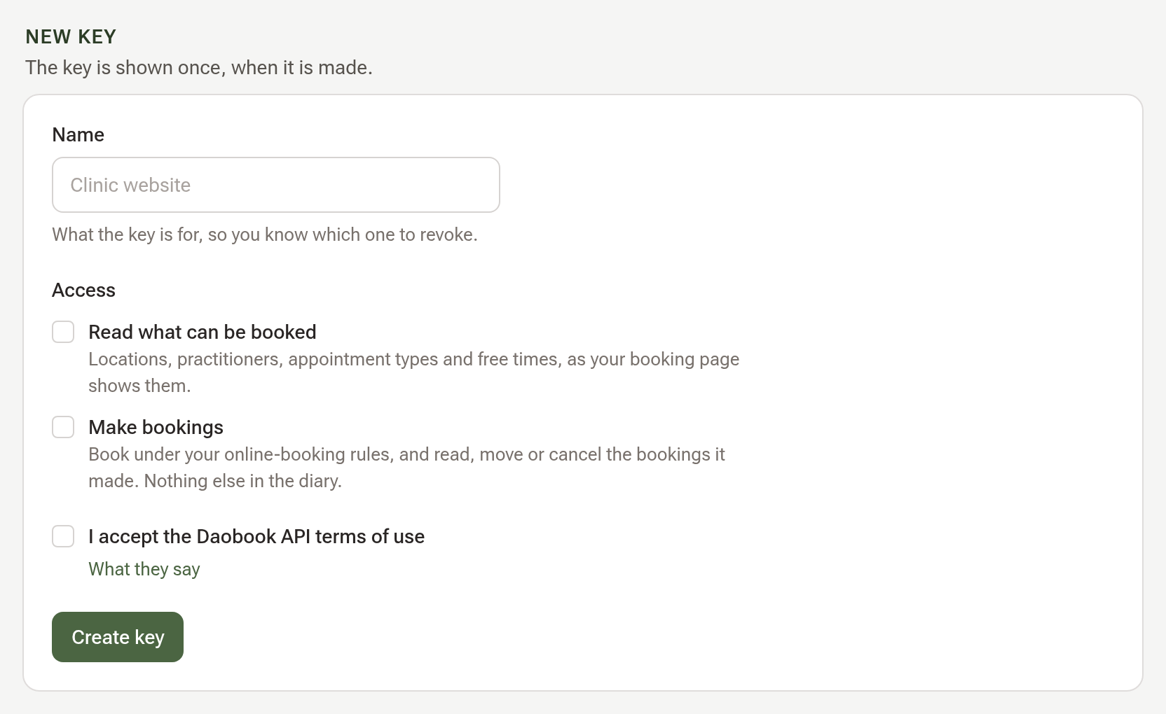 The New key group: a Name field, the two Access ticks, the API terms tick and the Create key button