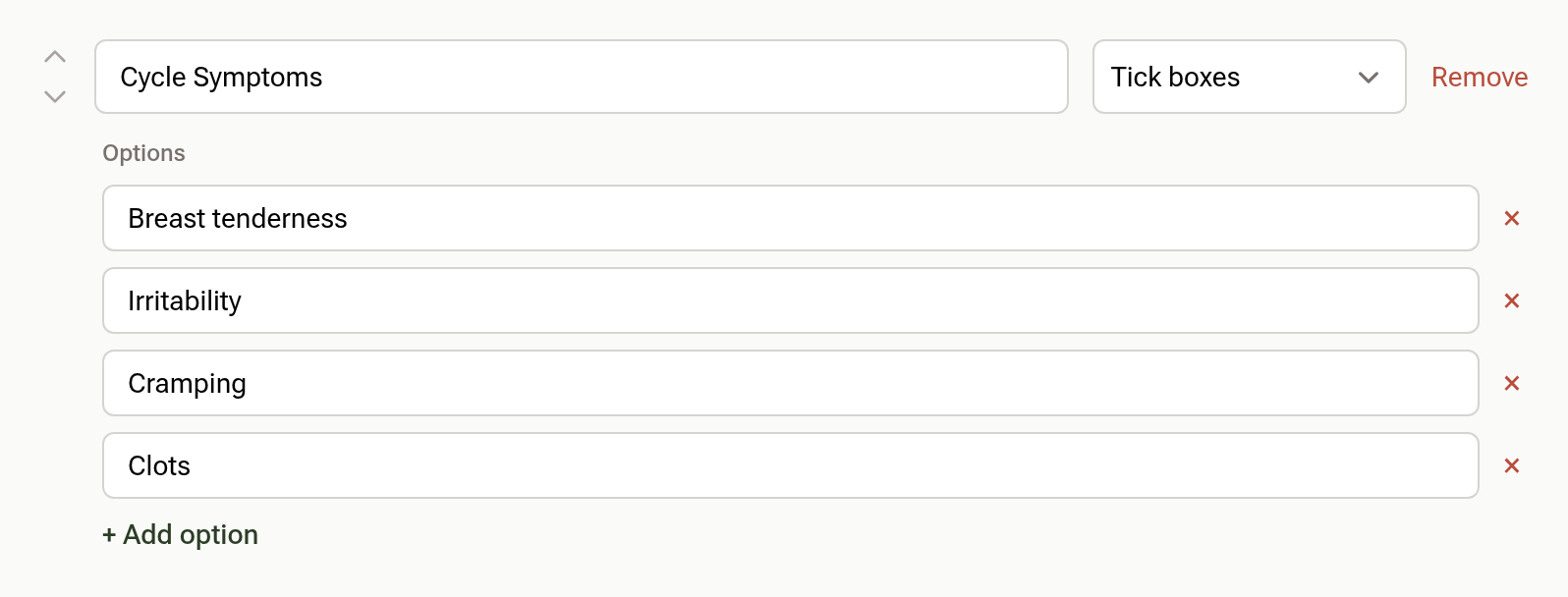 A custom Cycle Symptoms field of type Tick boxes, with the options Breast tenderness, Irritability, Cramping and Clots, and an Add option link