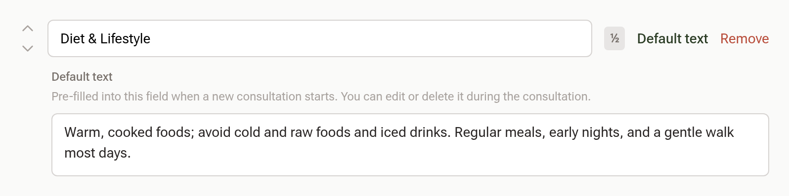 A Diet & Lifestyle field with its Default text editor open, holding a pre-filled paragraph of advice