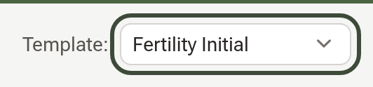 The Template picker at the top right of a consultation note, set to Fertility Initial