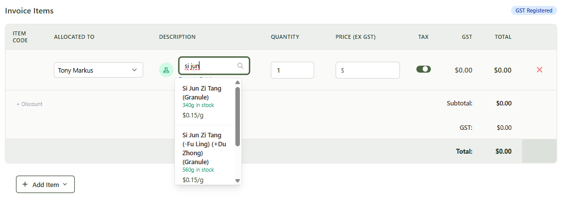 Formula batch search results showing Si Jun Zi Tang batches with stock levels and pricing
