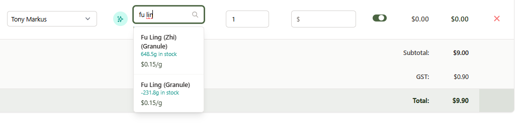 Herb material search results showing Fu Ling variants with stock levels and pricing