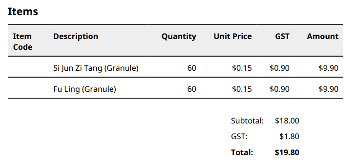 Saved invoice showing formula batch and herb material line items with quantities, unit prices, GST, and totals