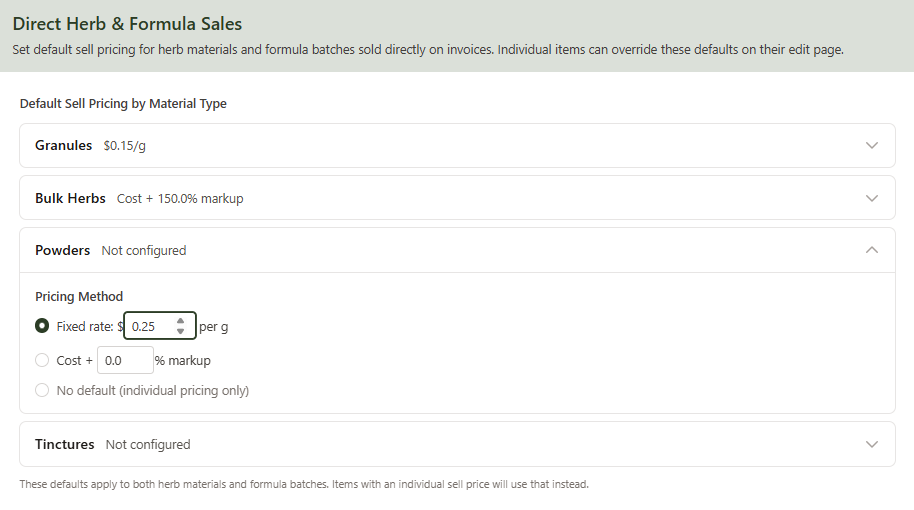 Direct Herb and Formula Sales settings showing default pricing by material type with fixed rate and cost plus markup options