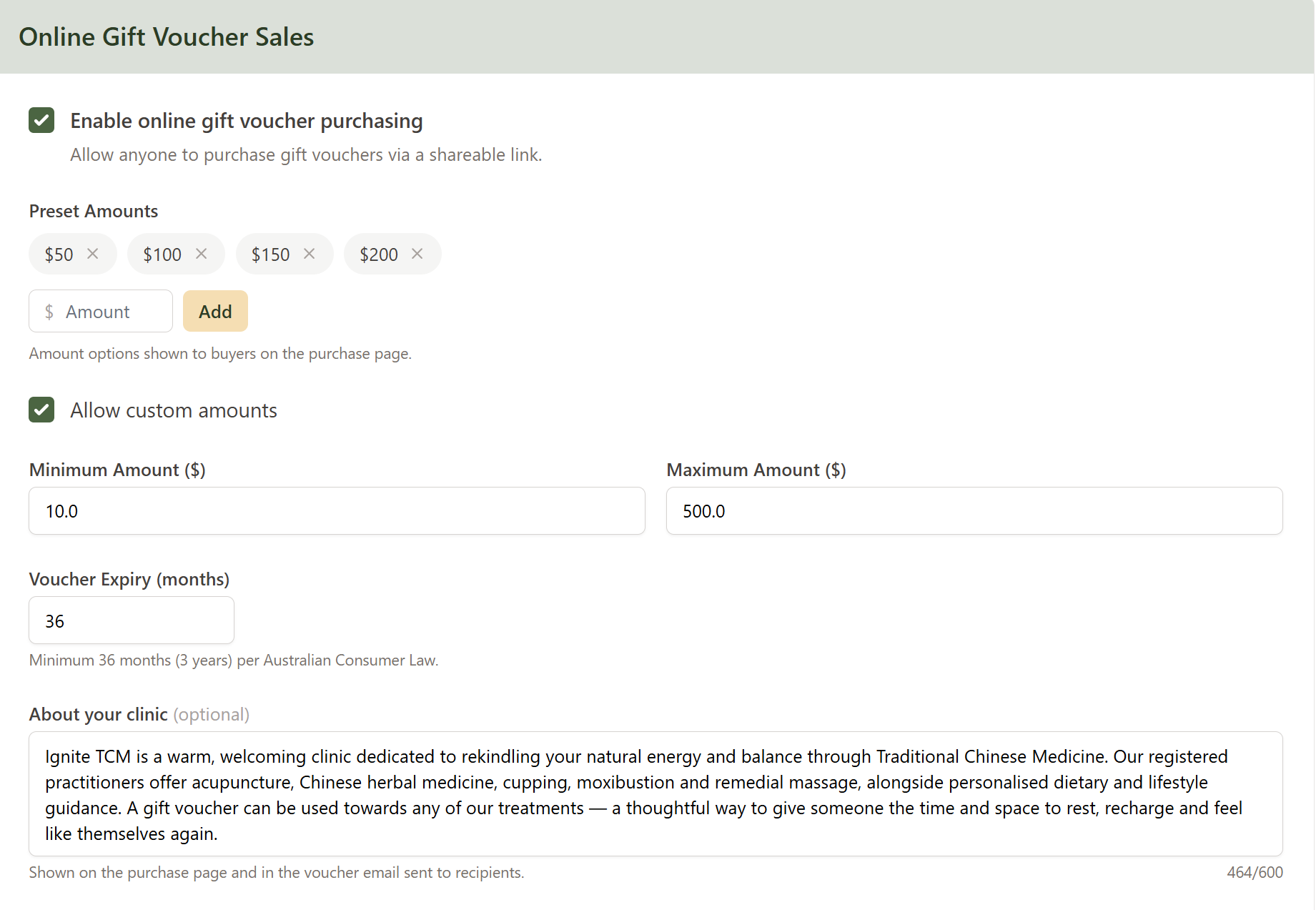 The Online Gift Voucher Sales settings panel showing the enable toggle, preset amounts, custom amount option, minimum and maximum amounts, expiry, and the About your clinic field