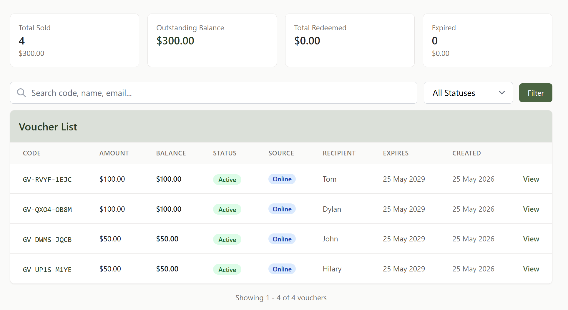The Gift Vouchers management page with summary tiles, a search and status filter, and a table of vouchers