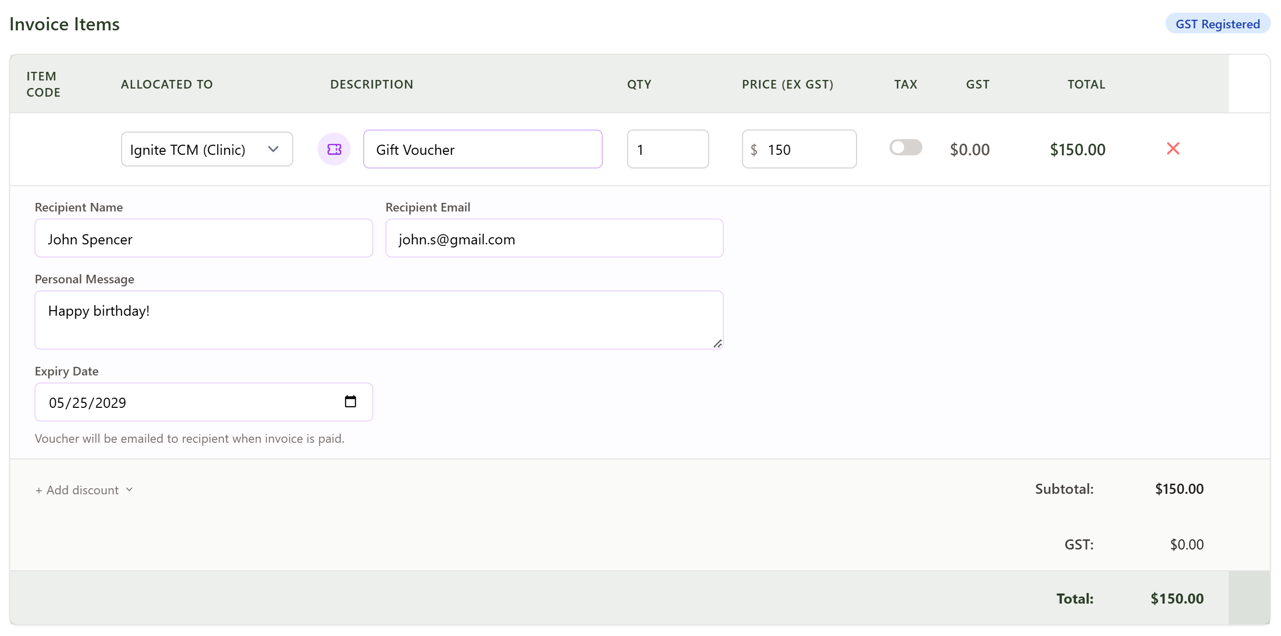 An invoice with a Gift Voucher line item added, showing recipient name, recipient email, personal message and expiry date fields