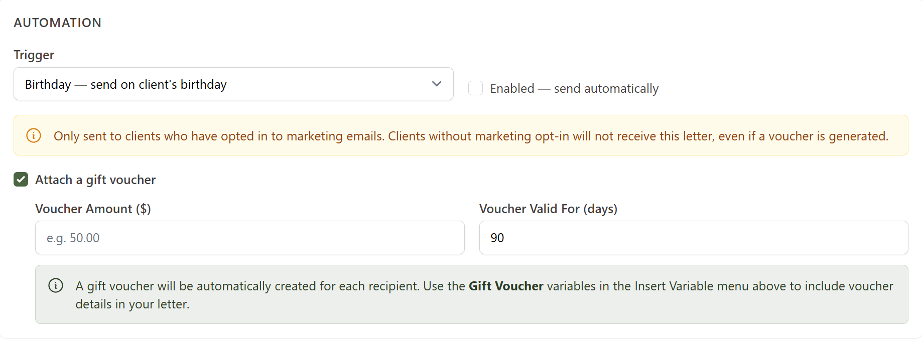 A letter template automation section with the Birthday trigger selected, a marketing opt-in note, and the Attach a gift voucher option with amount and validity fields
