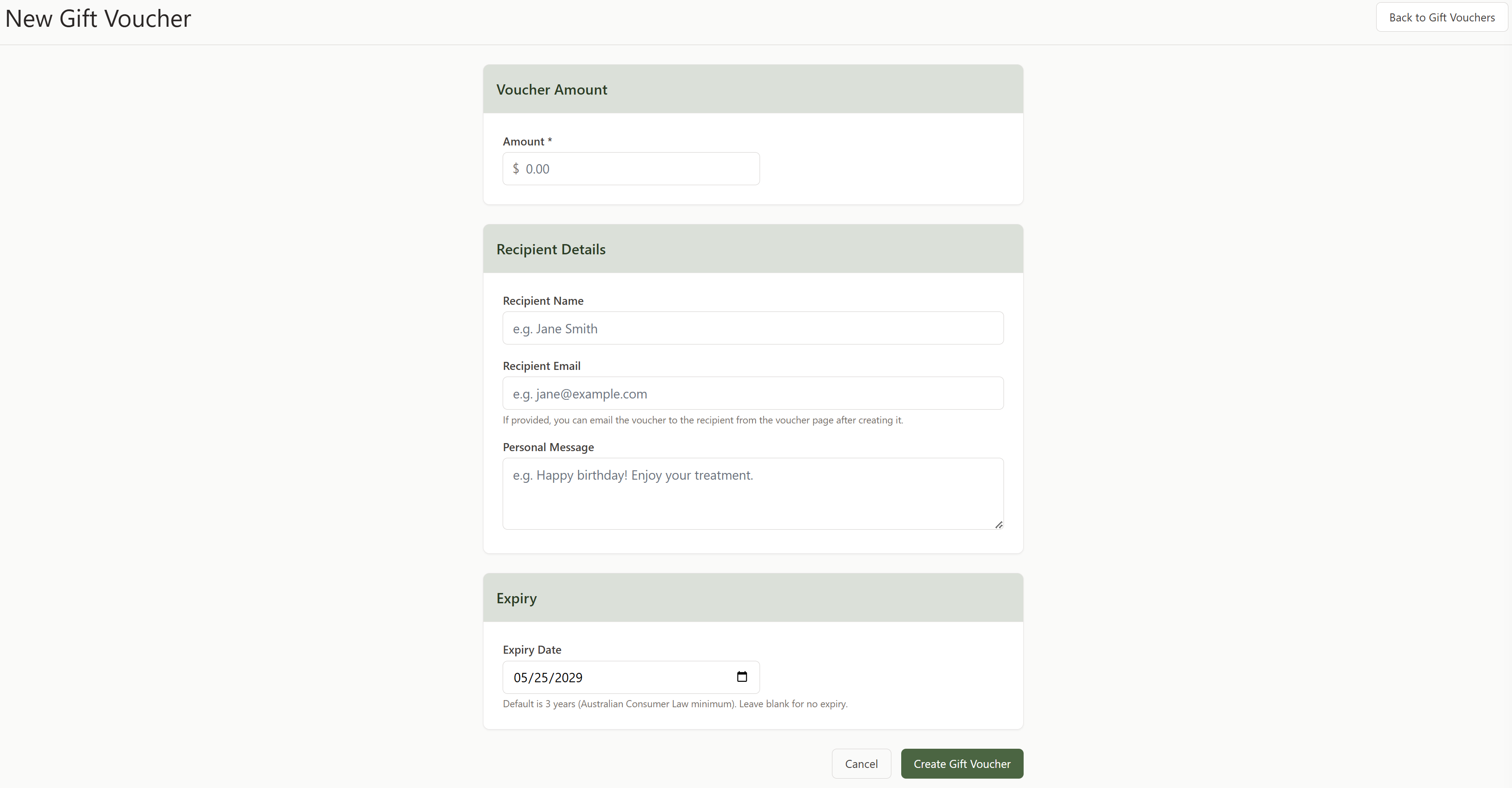 The New Gift Voucher form with Voucher Amount, Recipient Details and Expiry sections