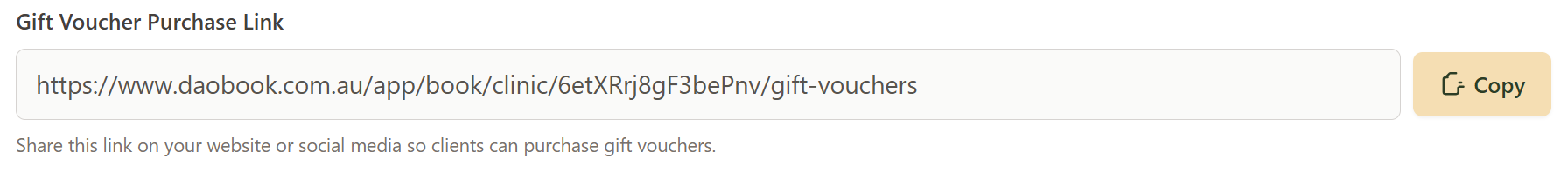 The Gift Voucher Purchase Link field with a Copy button