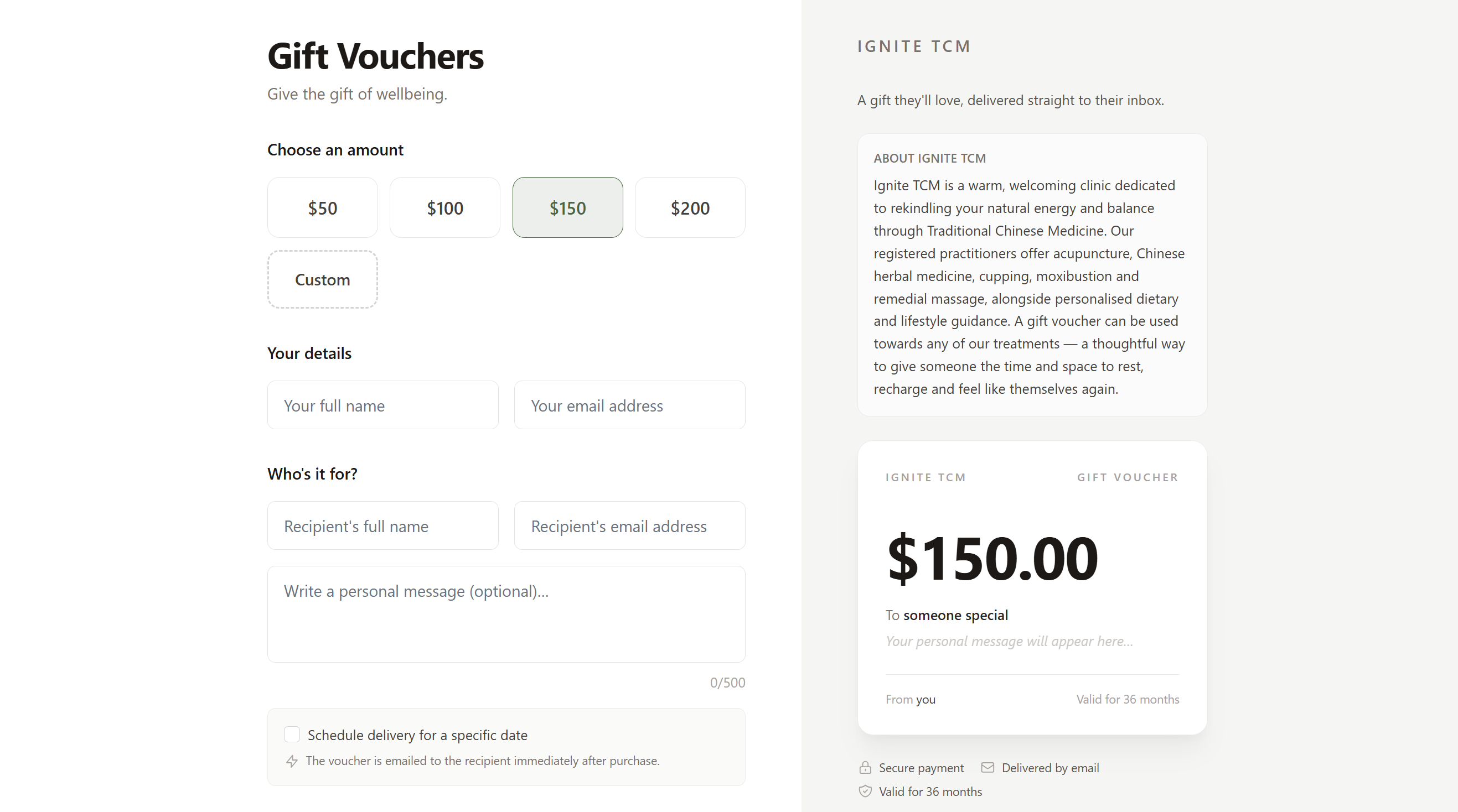 The public gift voucher purchase page with an amount selected and a live preview of the gift card on the right