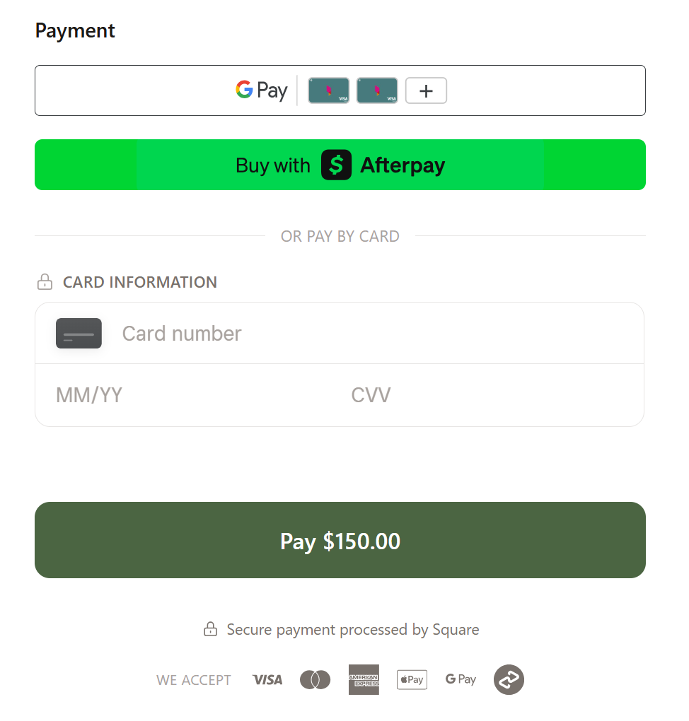 The purchase page payment area showing Google Pay, Buy with Afterpay, a card information form, and accepted payment methods